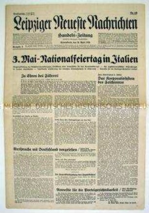 Tageszeitung "Leipziger Neueste Nachrichten" zum bevorstehenden Besuch Hitlers in Italien