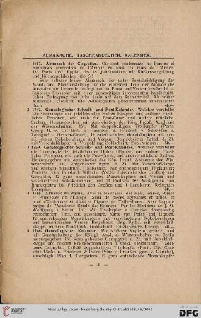 Almanache, Taschenbücher, Kalender (Nr. 1-129)