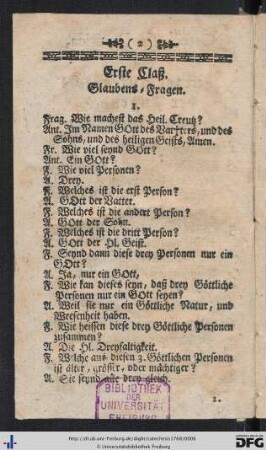 Erste Claß. Glaubens-Fragen.