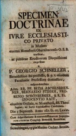 Specimen Doctrinae Ex Ivre Ecclesiastico Privato