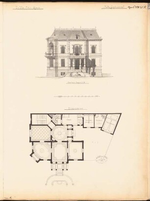 Villa, Gera Monatskonkurrenz April 1878: Grundriss Erdgeschoss, Aufriss Gartenansicht; Maßstabsleiste