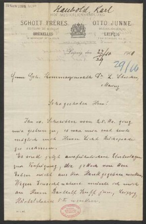 Brief an Ludwig Strecker  und B. Schott's Söhne : 27.10.1900