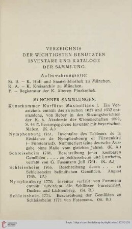 Verzeichnis der wichtigsten benutzten Inventare und Kataloge der Sammlung