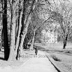 Schlosspark: ein Spaziergänger: im Hintergrund Schloss: Blick von Süden