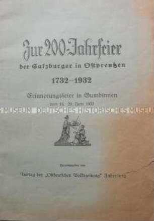 Festschrift "Zur 200-Jahrfeier der Salzburger in Ostpreußen 1732-1932", Erinnerungsfeier in Gumbinnen vom 18.-20. Juni 1932