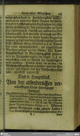 Das 6. Hauptstück. Von der absonderlichen vernünfftigen Liebe überhaupt