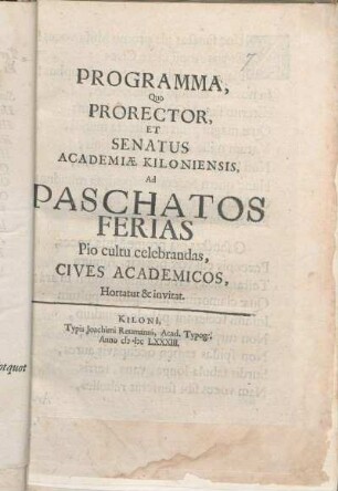 Programma, Quo Prorector, Et Senatus Academiæ Kiloniensis, Ad Paschatos Ferias Pio cultu celebrandas, Cives Academicos, Hortatur & invitat