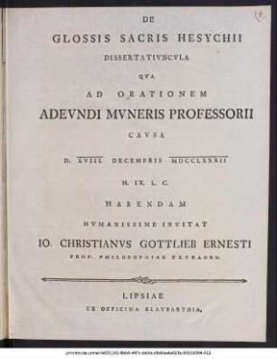 De Glossis Sacris Hesychii Dissertativncvla Qva Ad Orationem Adevndi Mvneris Professorii Cavsa D. XVIII. Decembris MDCCLXXXII ... Habendam