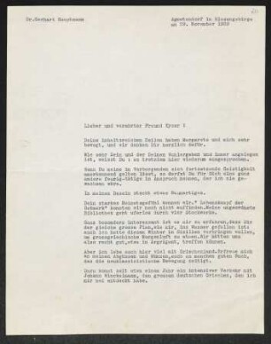 Brief von Gerhart Hauptmann an Hans Kyser