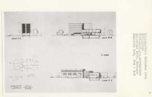 Bibliothek, Berlin-Mitte (Diplomarbeit bei Bernhard Hermkes): Schnitte 1:200 und Schema Schnittanordnung 1:500