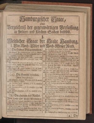 Hamburgischer Staat, Oder Verzeichniß der gegenwärtigen Verfassung in Policey- und Kirchen-Sachen daselbst.