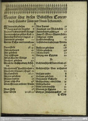 Register über diesen Biblischen Concordantz-Calender Alten und Neuen Testaments