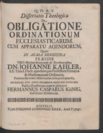 Dissertatio Theologica De Obligatione Ordinationum Ecclesiasticarum : Cum Apparatu Agendorum