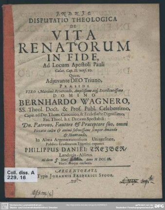 Disputatio Theologica De Vita Renatorum In Fide : Ad Locum Apostoli Pauli Galat. Cap. II, vers. 20