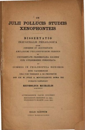 De Julii Pollucis studiis Xenophonteis : (Hallenser Diss.)