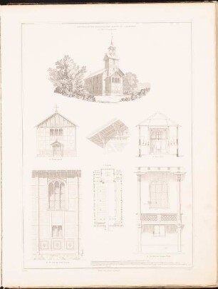 Kirche, Losendorf: Perspektivische Ansicht, Ansicht, Querschnitt, Grundriss, drei Details (aus: Entwürfe zu Kirchen, Pfarr- und Schulhäusern, hrsg. von der Kgl. Preuß. Oberbaudeputation, 1845-1855)