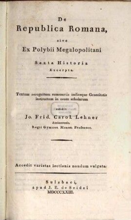 De Republica Romana sive ex Polybii Megalopolitani sexta historia excerpta