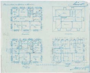 Pfarrhaus (und Entwurf für eine Kirche), Bochum-Hordel: Grundrisse Erdgeschoss, Keller, Ober- und Dachgeschoss (1:100)