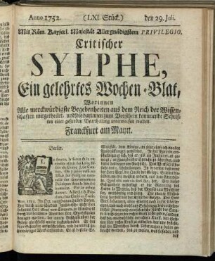 (LXII. Stück.) den 29. Juli. Anno 1752.