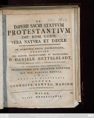 De Imperii Sacri Statvvm Protestantivm Imp. Rom. Germ. Vera Natvra Et Indole