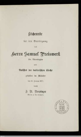 Zum Gedächtniß an Antistes Sam. Preiswerk