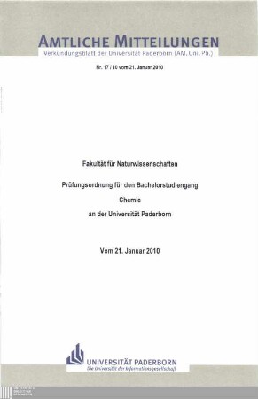 Prüfungsordnung für den Bachelorstudiengang Chemie an der Universität Paderborn : vom 21. Januar 2010