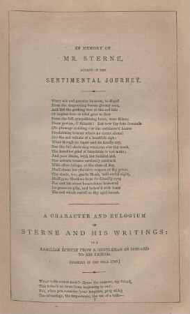 In memory of Mr. Sterne, authors of the senitimental journey