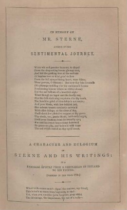 In memory of Mr. Sterne, authors of the senitimental journey