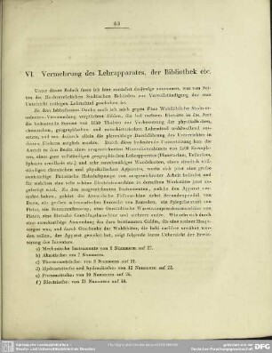 VI. Vermehrung des Lehrapparates, der Bibliothek etc.