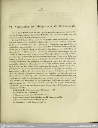 VI. Vermehrung des Lehrapparates, der Bibliothek etc.