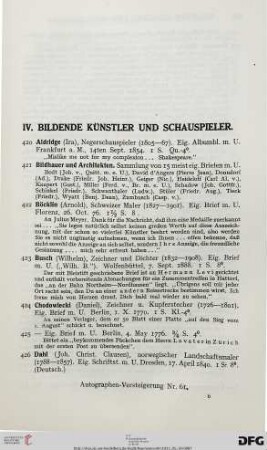 IV. Bildende Künstler und Schauspieler (Nr. 420-459)
