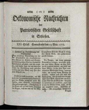 XXI. Stück. Sonnabends den 23 May. 1778.