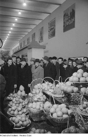 Besucher vor einem Messestand mit Obst im Ausstellungspavillon von China