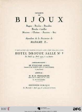 Catalogue des bijoux : bagues, broches, bracelets, boucles d'oreilles, montres, chaînes, sautoirs, etc. dépendant de la succession de Madame X... ; Hôtel Drouot, le jeudi 23 avril 1942