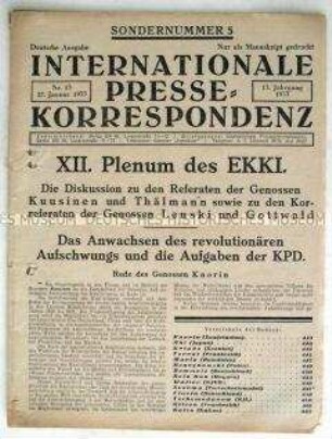 Bulletin der internationalen kommunistischen Presse zum XII. Plenum des EKKI