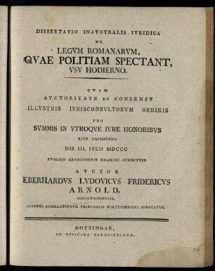 Dissertatio Inavgvralis Ivridica De Legvm Romanarvm, Qvae Politiam Spectant, Vsv Hodierno