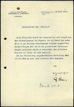 Kabinett des Kronprinzen Rupprecht von Bayern an G. Karo