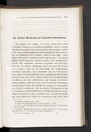Zur ältesten Münzkunde und Geschichte Brandenburg