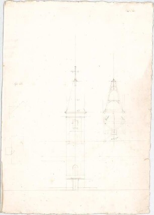 Voit, Johann Michael; Dachkonstruktion eines Kirchturms - Grundriss, Aufriss, Querschnitt
