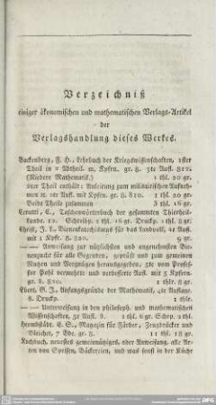 Verzeichniß einiger ökonomischen und mathematischen Verlags=Artikel der Verlagshandlung dieses Werkes