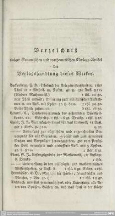Verzeichniß einiger ökonomischen und mathematischen Verlags=Artikel der Verlagshandlung dieses Werkes