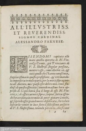 All Illustriss. Et Reverendiss. Signor Cardinal Alessandro Farnese