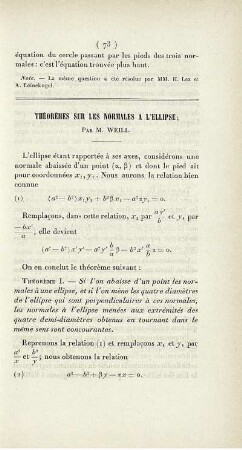 Théorèmes sur les normales a l'ellipse.