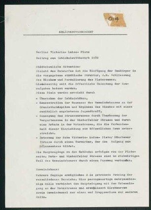 Platzbebauung mit Wohnungen, Gewerbe und sozialen Einrichtungen am Viktoria-Luise-Platz, Berlin-Schöneberg Schinkelwettbewerb 1980: Erläuterungsbericht (4 Seiten)
