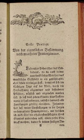 Erste Predigt. Von der eigentlichen Bestimmung verheyratheter Frauenzimmer.