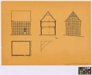 Belm-Vehrte (Landkreis Osnabrück): Hager Hof. -[Speicher] Grundriss, Seiten-Ansicht, Giebel-Ansicht, Querschnitt). -Holzeinzelheit (Schnitt)
