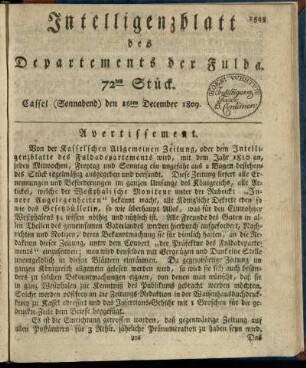 72tes Stueck, (Sonnabend) den 16ten December 1809