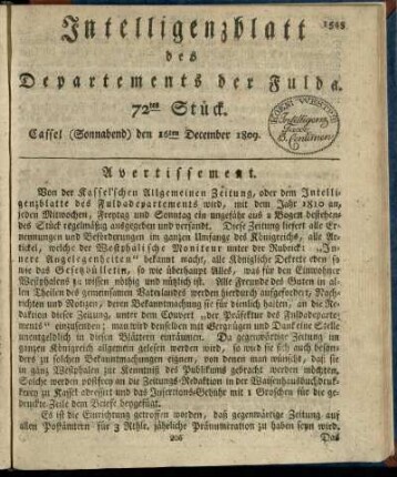 72tes Stueck, (Sonnabend) den 16ten December 1809