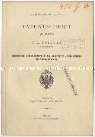 Patentschrift einer rotierenden Grabeschaufel an Kartoffe- und Rübenpflanzmaschinen, Patent-Nr. 12636