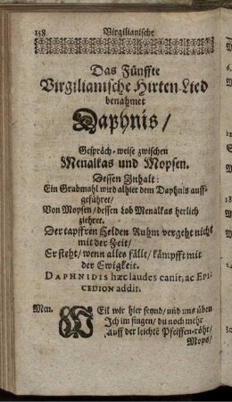 Das Fünffte Virgilianische Hirten-Lied benahmet Daphnis/ Gespräch-weise zwischen Menalkas und Mopsen